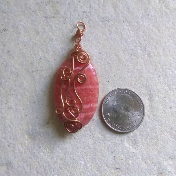 Copper Wire Wrapped Rhodochrosite Pendant! Self Love Femininity Watermelon Pink - Picture 6 of 8
